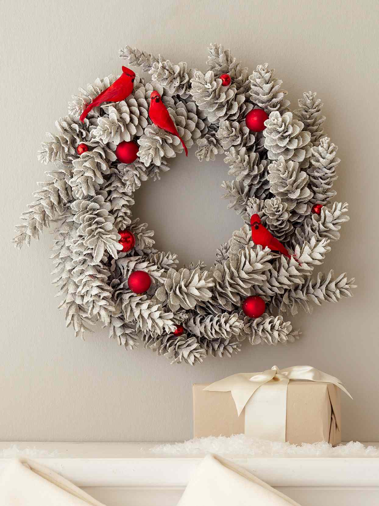 frosted pinecone cardinals ornaments wreath