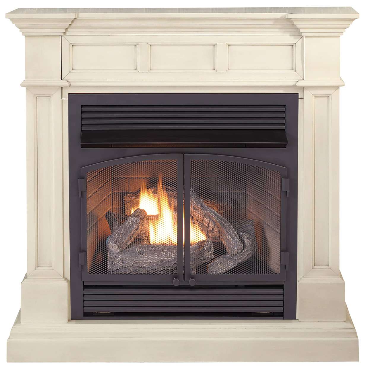 gas fireplace insert with white mantel