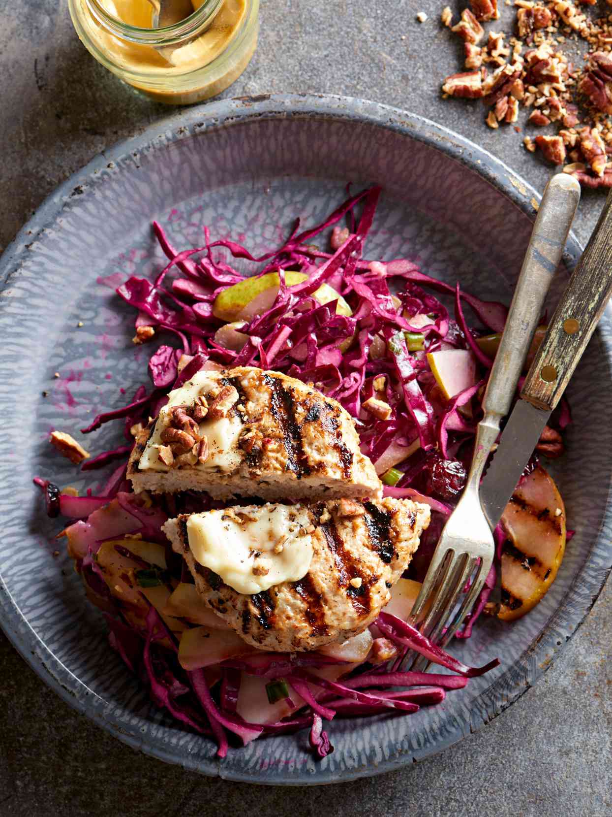 Turkey Burgers with Grilled Pear Slaw