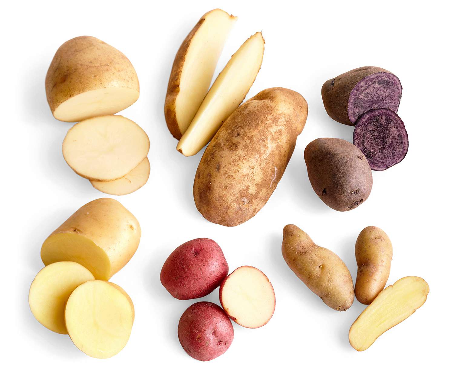 white russet gold red potatoes sliced cut