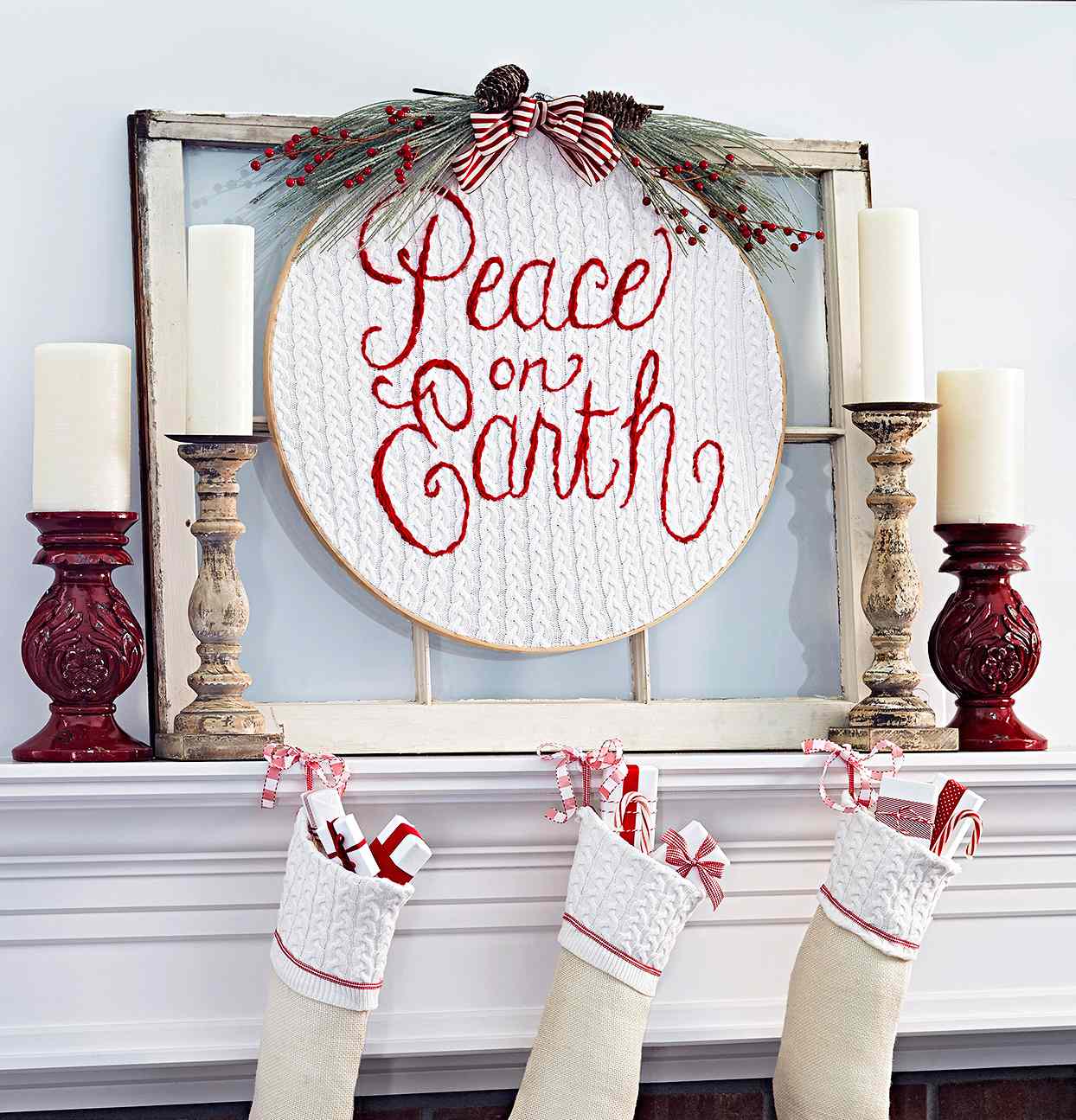 peace on earth embroidery window pane mantel