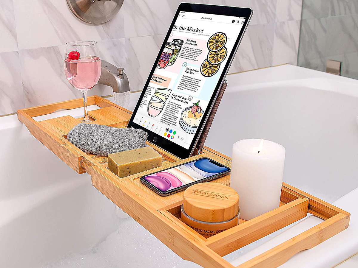 Bamboo Bathtub Tray - Perfect Expandable Bathtub Caddy with Reading Rack or Tablet Holder