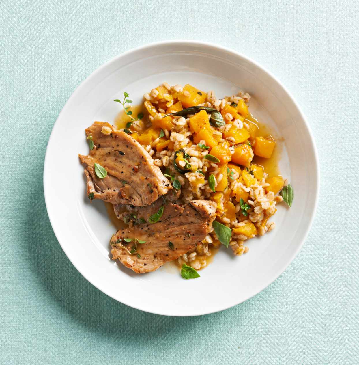 Pork with Butternut Squash Barley Risotto