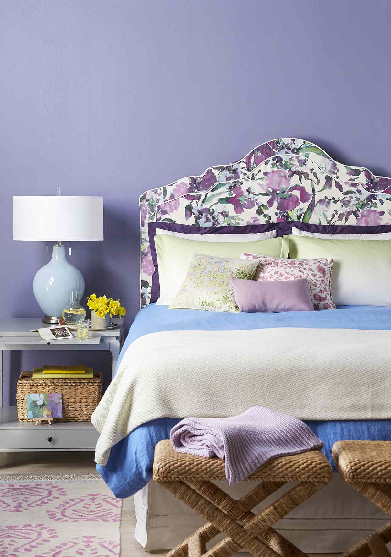 purple bedroom with green and blue accents