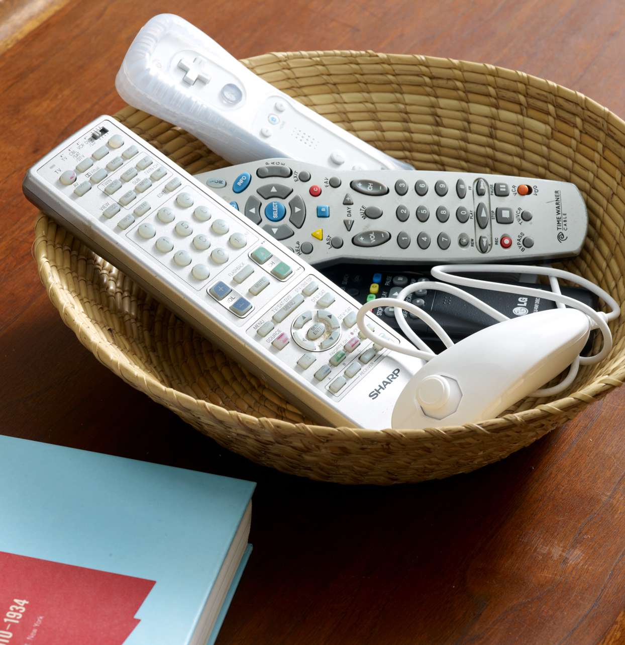 wicker basket containing remotes