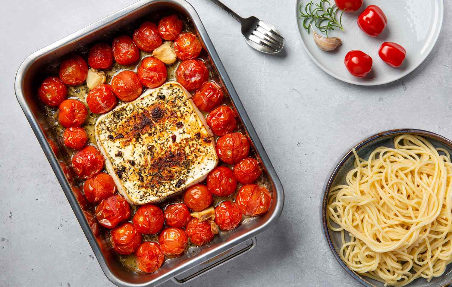 tiktok baked feta pasta with roasted tomatoes and spaghetti