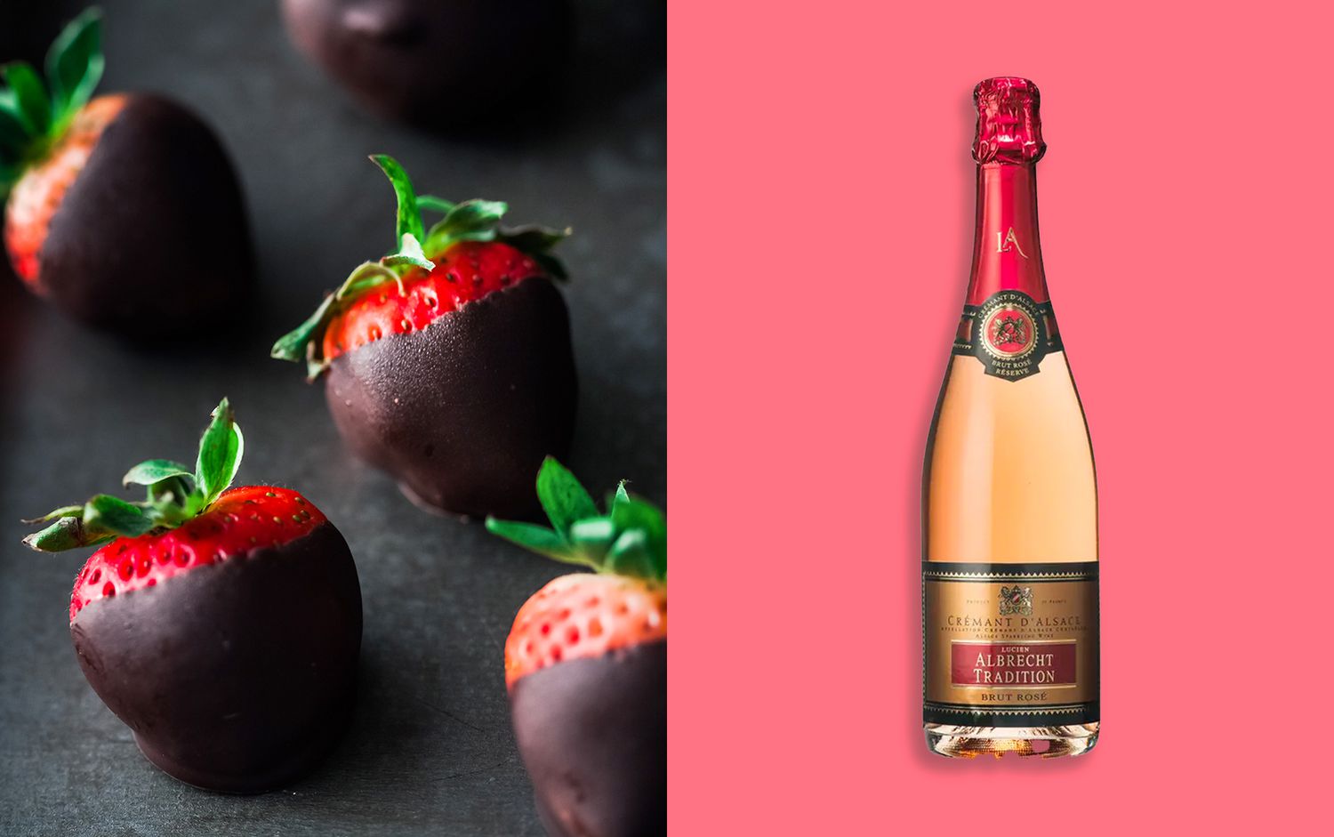 chocolate covered strawberries paired with sparkling rosé wine for valentine's day