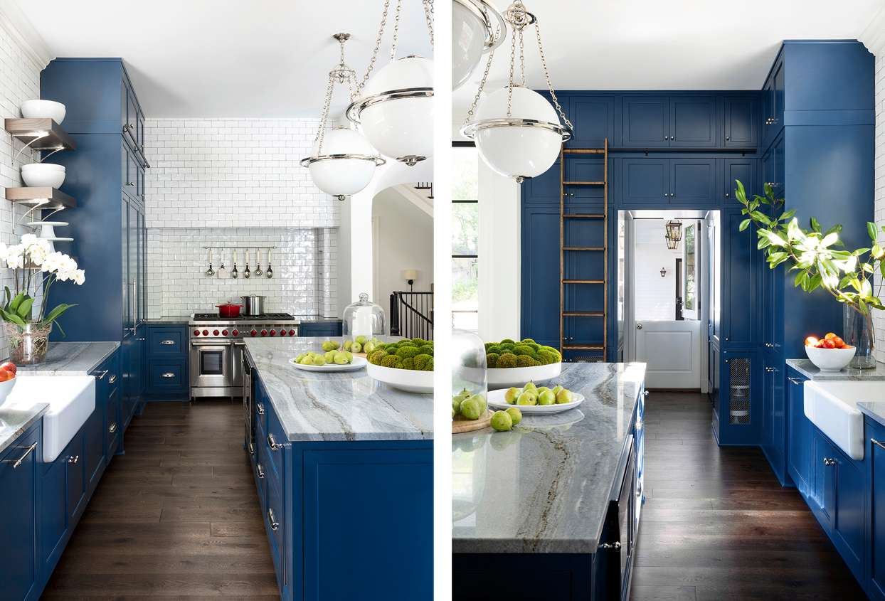 cobalt blue kitchen cabinets subway tile ladder farmhouse sink