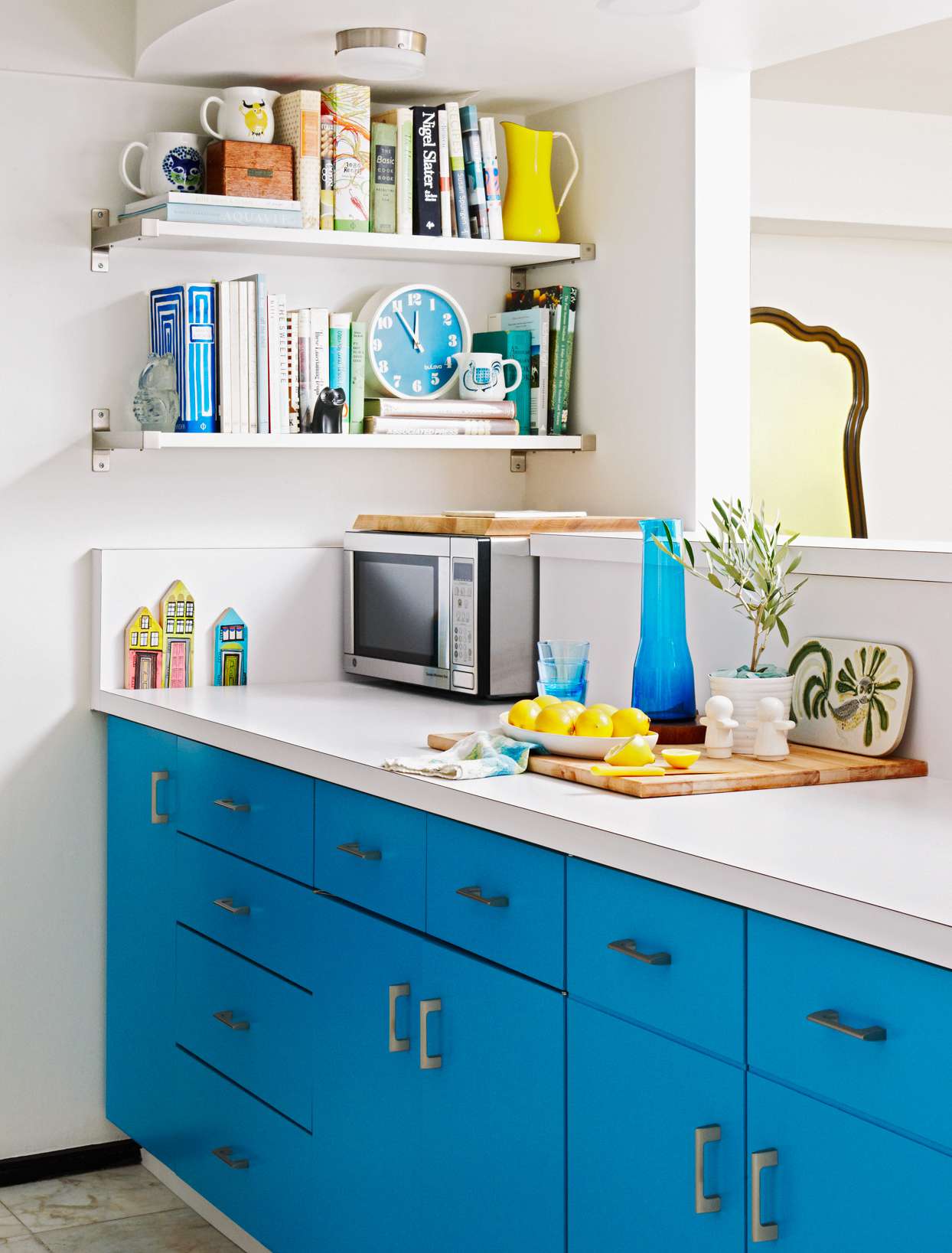 Laminate countertops blue cabinets