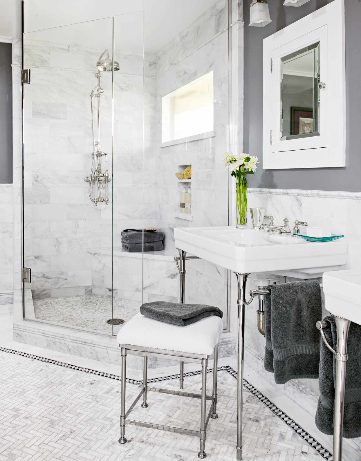 transitional bathroom glass shower white gray wall