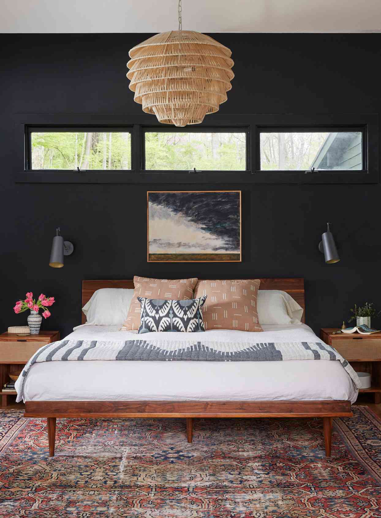 midcentury bedroom black walls bed