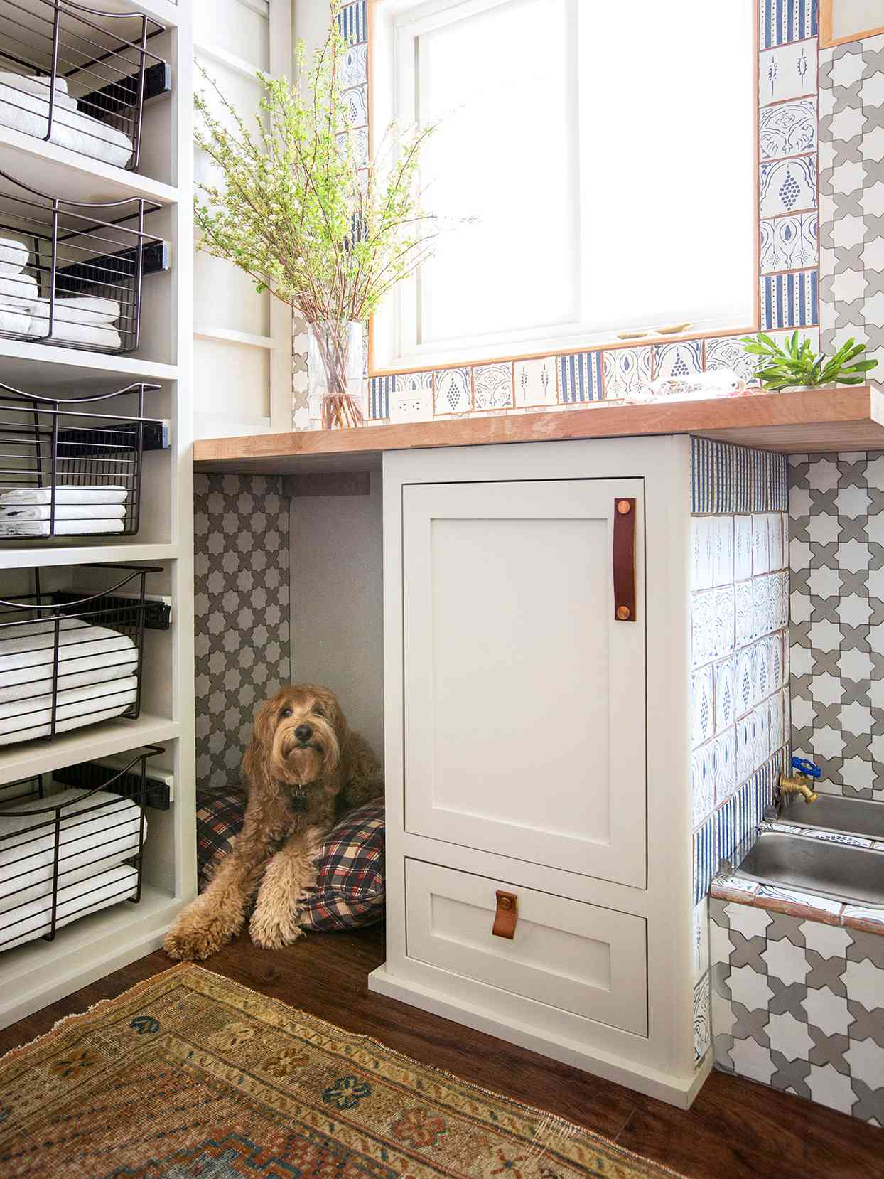 goldendoodle dog bed under-counter nook pet bath storage baskets
