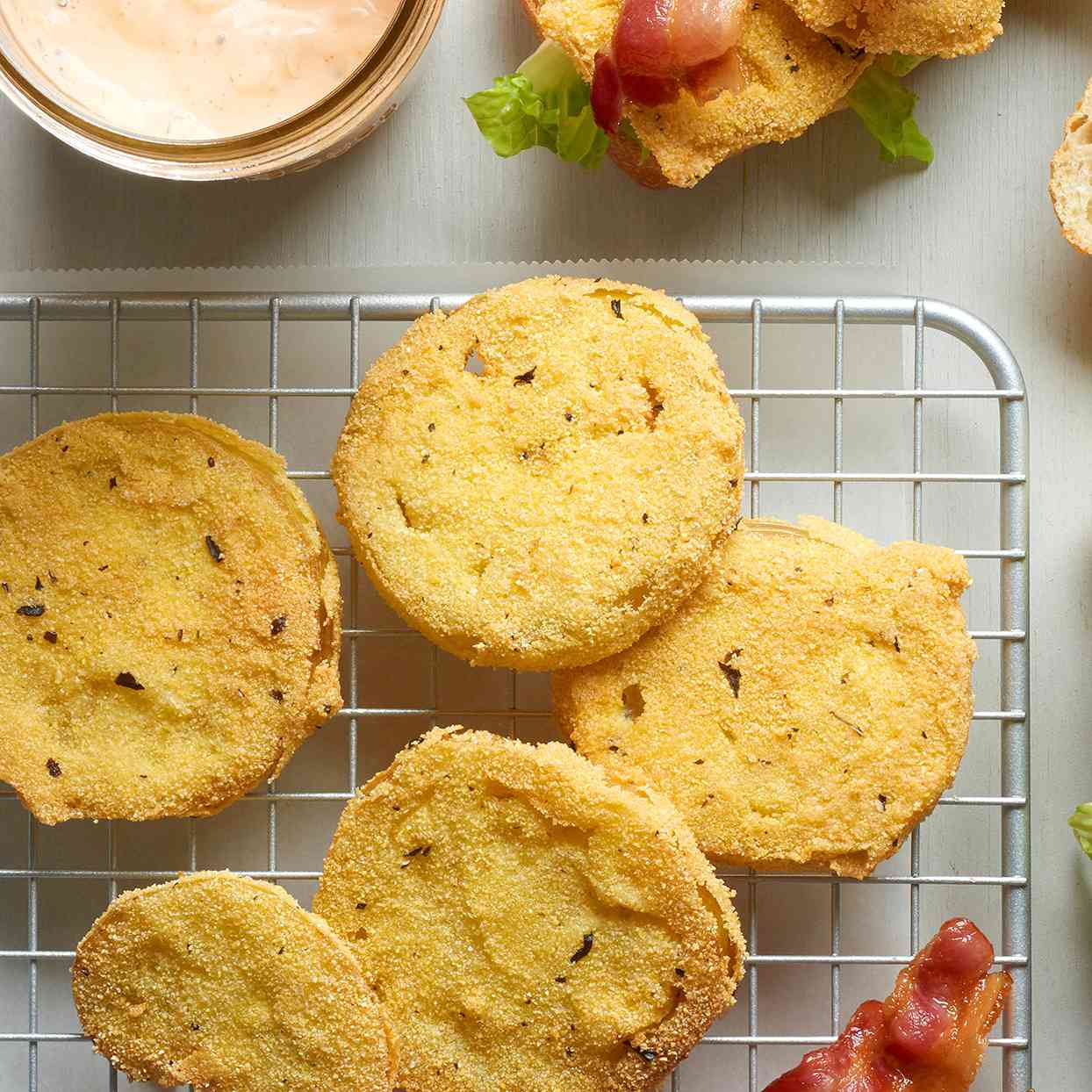 fried green tomatoes cooling rack sauce bacon
