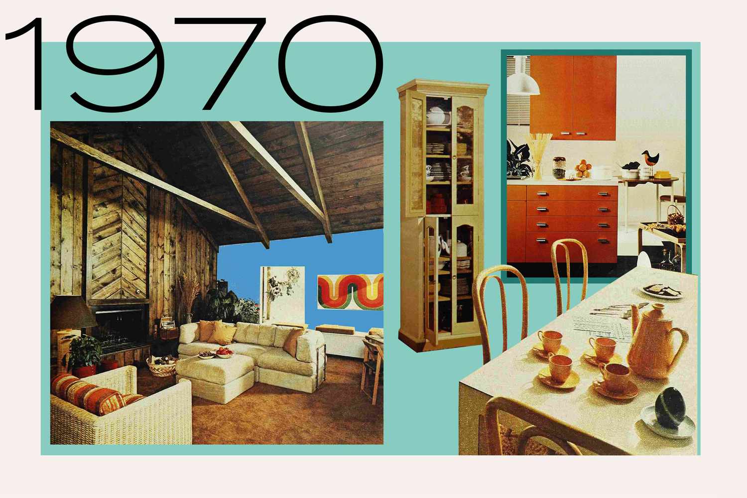 Photo Illustration collage of furniture and decor from 1970s issues of Better Homes & Gardens on light green background
