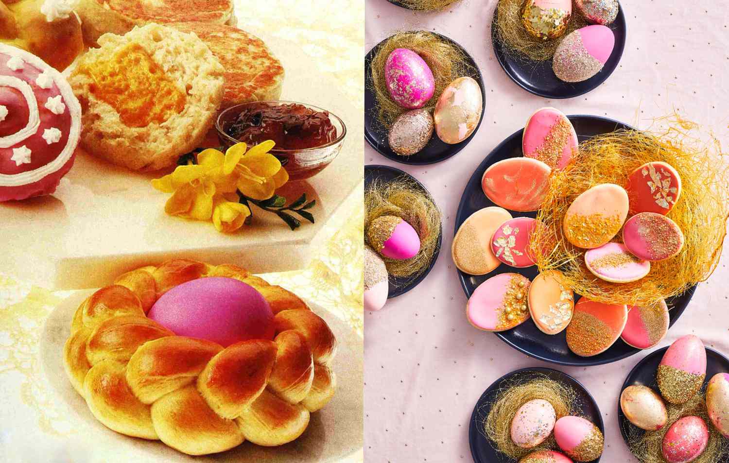left photo of Easter breads from 1980s issue of Better Homes & Gardens. right: photo of decorated Easter eggs from April 2020 issue