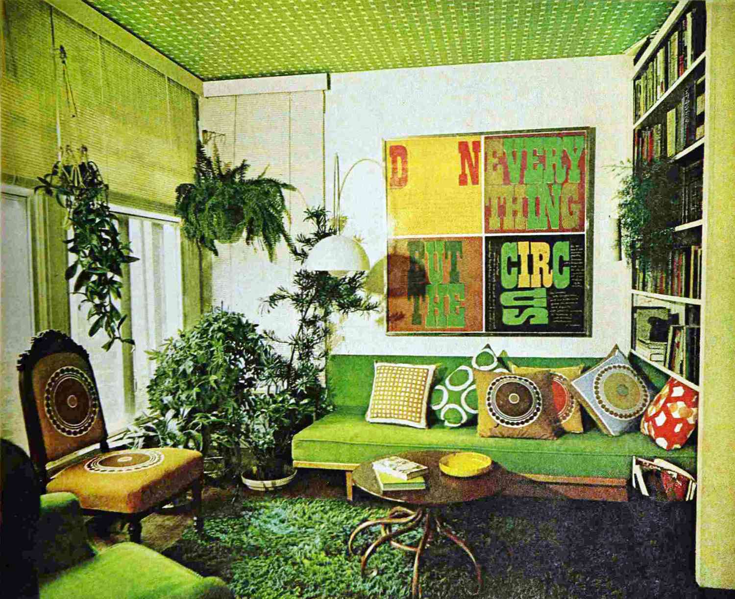 1970s living room with green walls sofa and decor and shag carpet