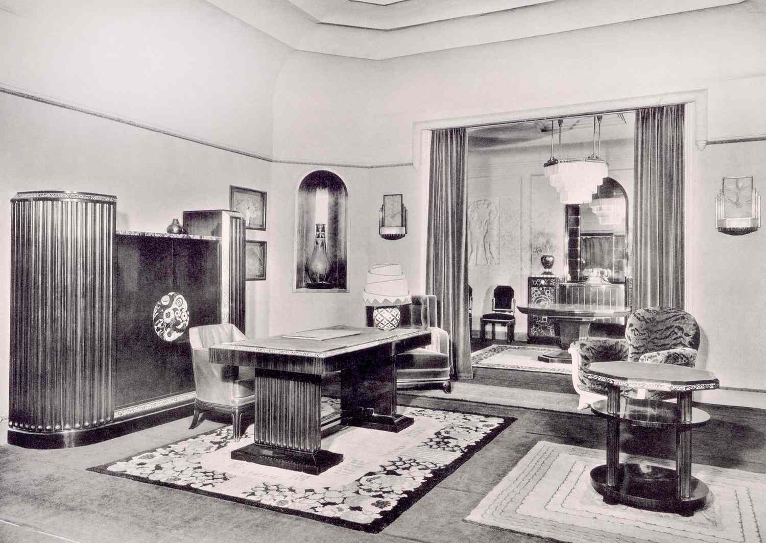 room circa 1920s decorated in art deco style with metallic and geometric finishes