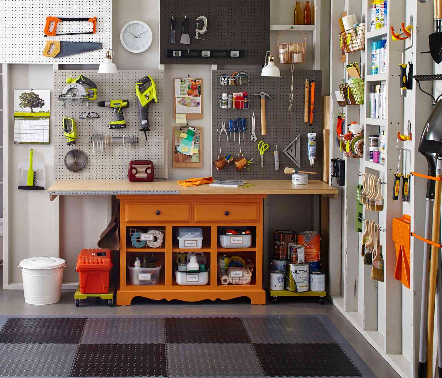 organized tool garage with checkered floor