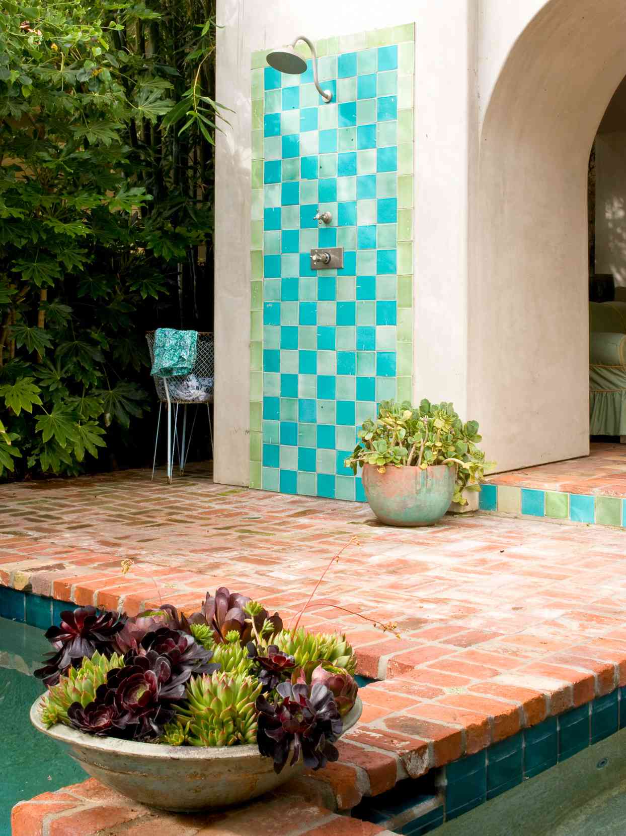 turquoise and green tile outdoor shower