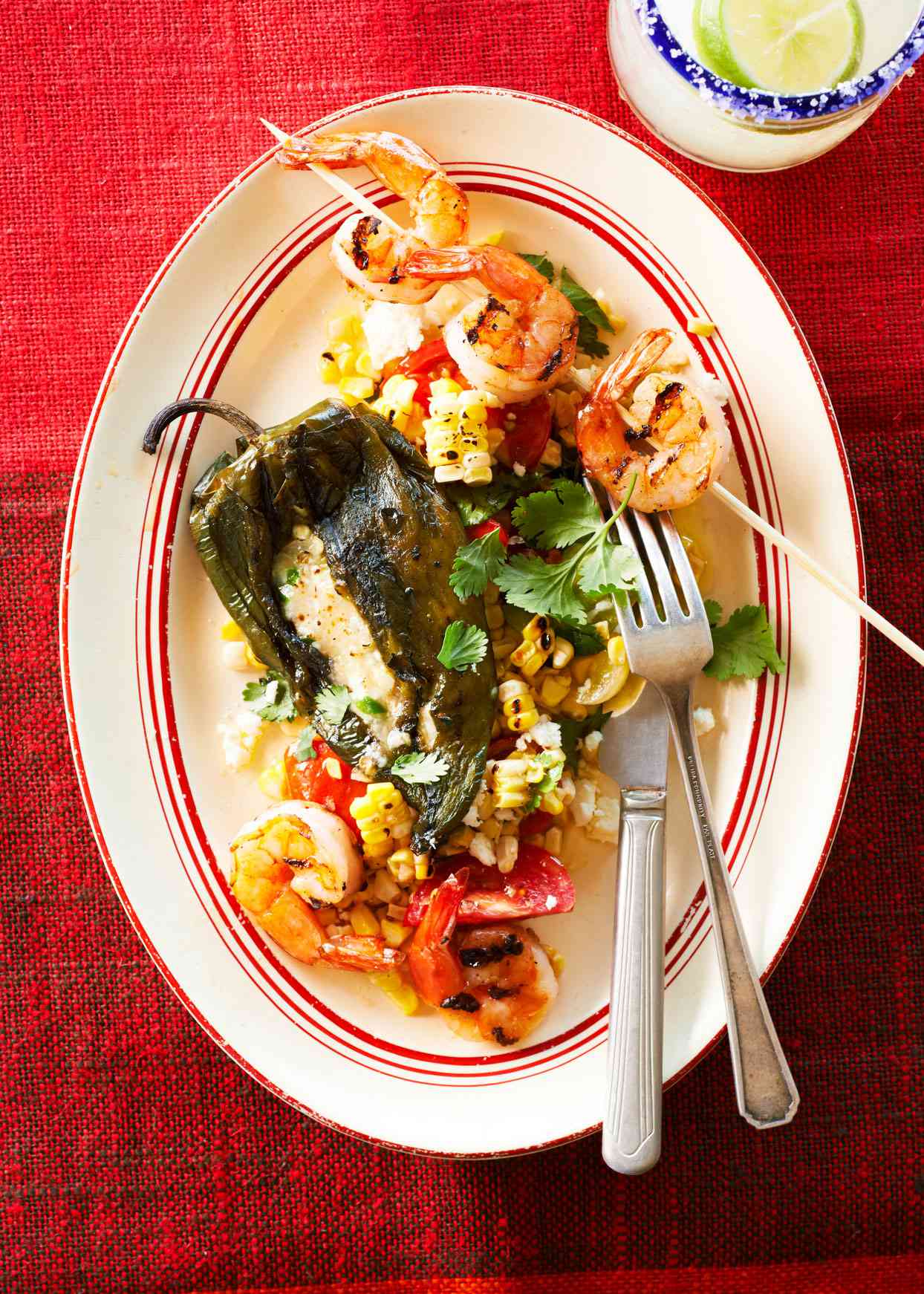 Grilled Chiles Rellenos with Mango Mojo Shrimp and Corn and Tomato Salad