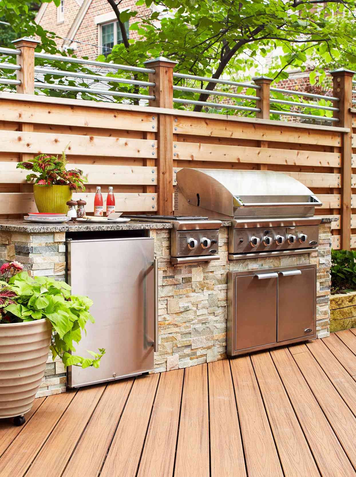 stone grill on wooden deck