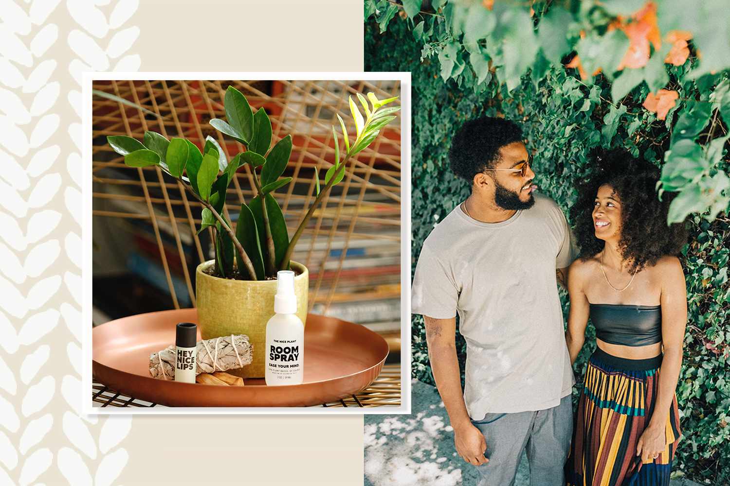 Right: Still life of ZZ plant and accesories from The Nice Plant. Left: portrait of co-founders of The Nice Plant Andre and Jasmine Nicole Cisco