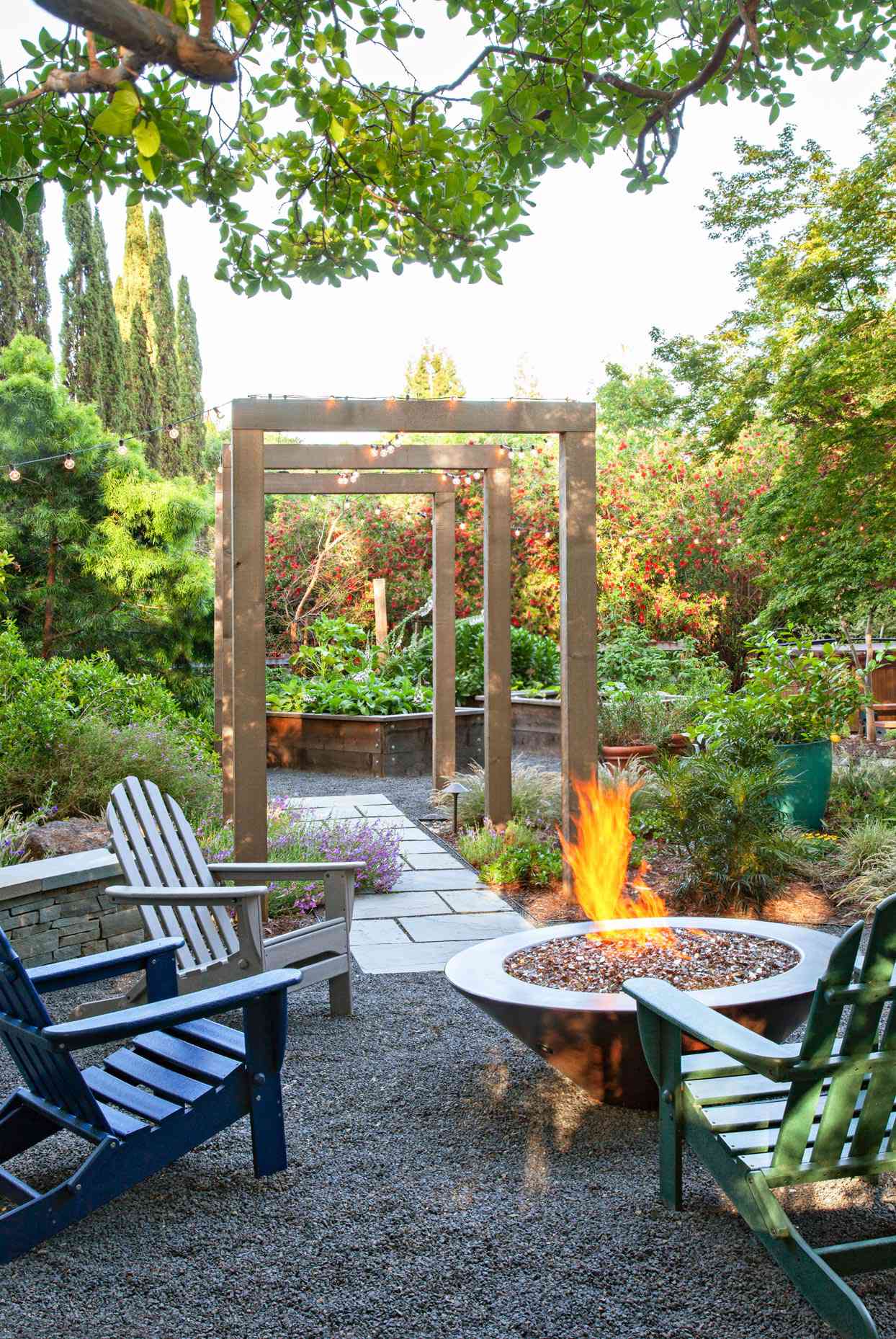 fire pit area with wooden arches