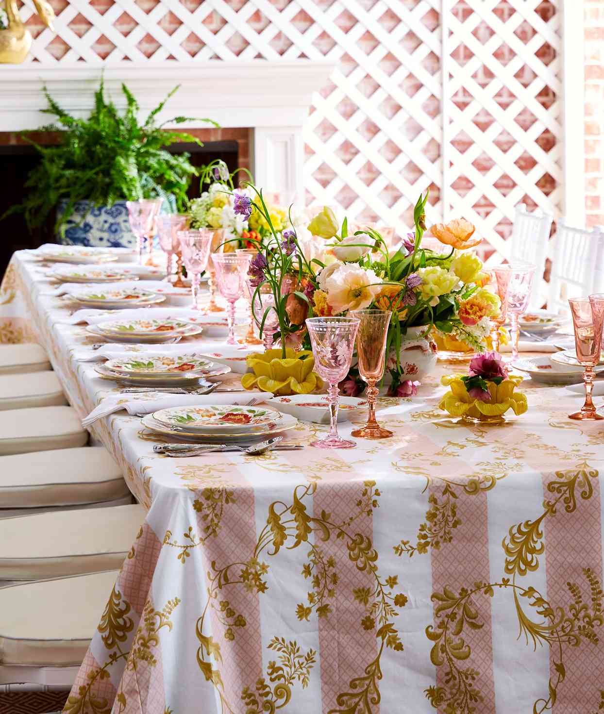 pink and yellow tablescape with floral theme