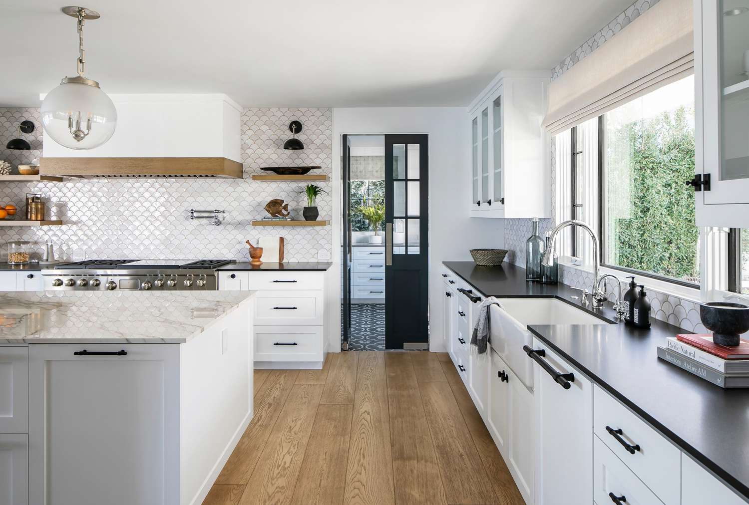 black and white modern kitchen with scale tiles