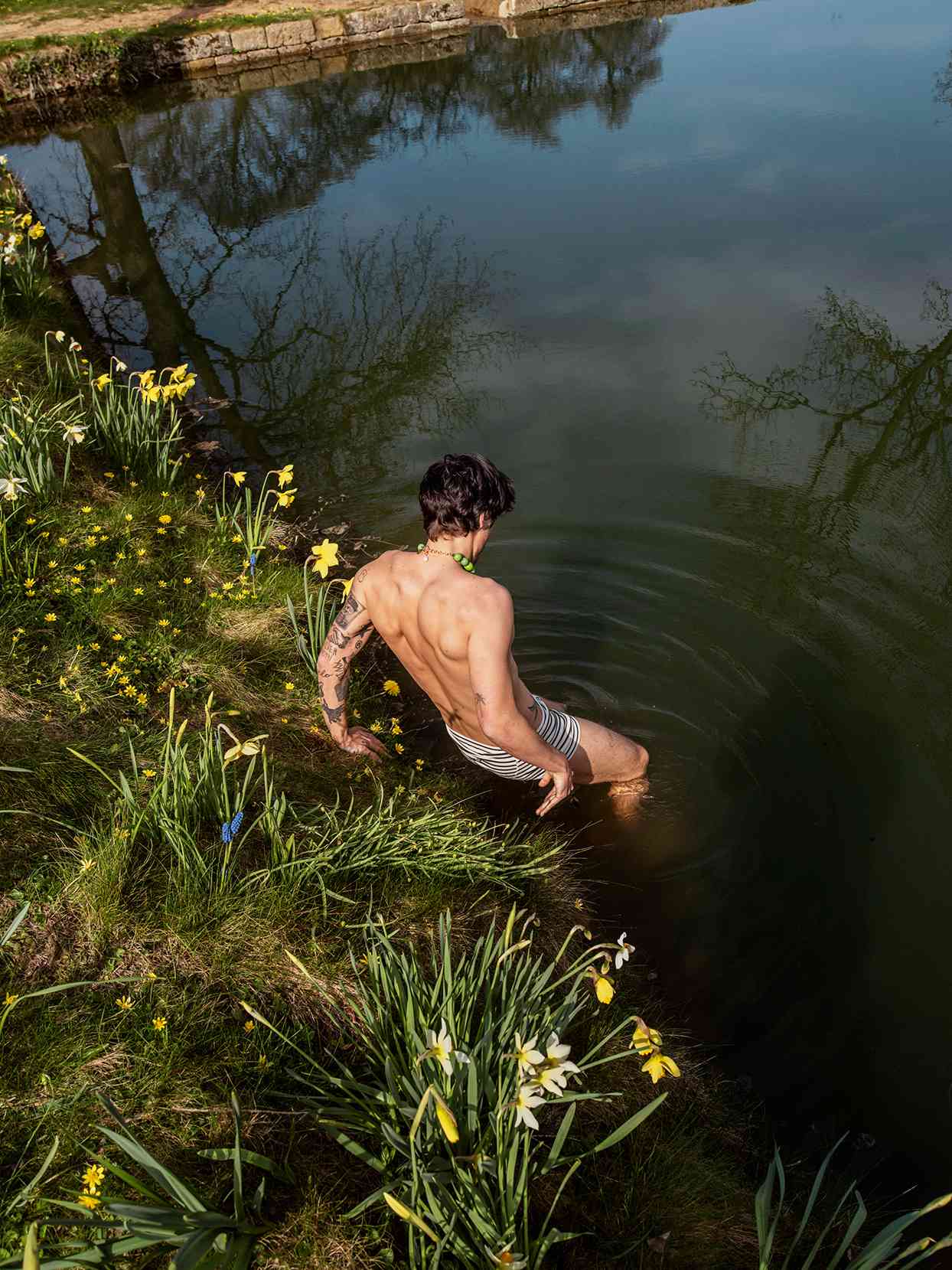 Photograph of Harry Styles entering pond