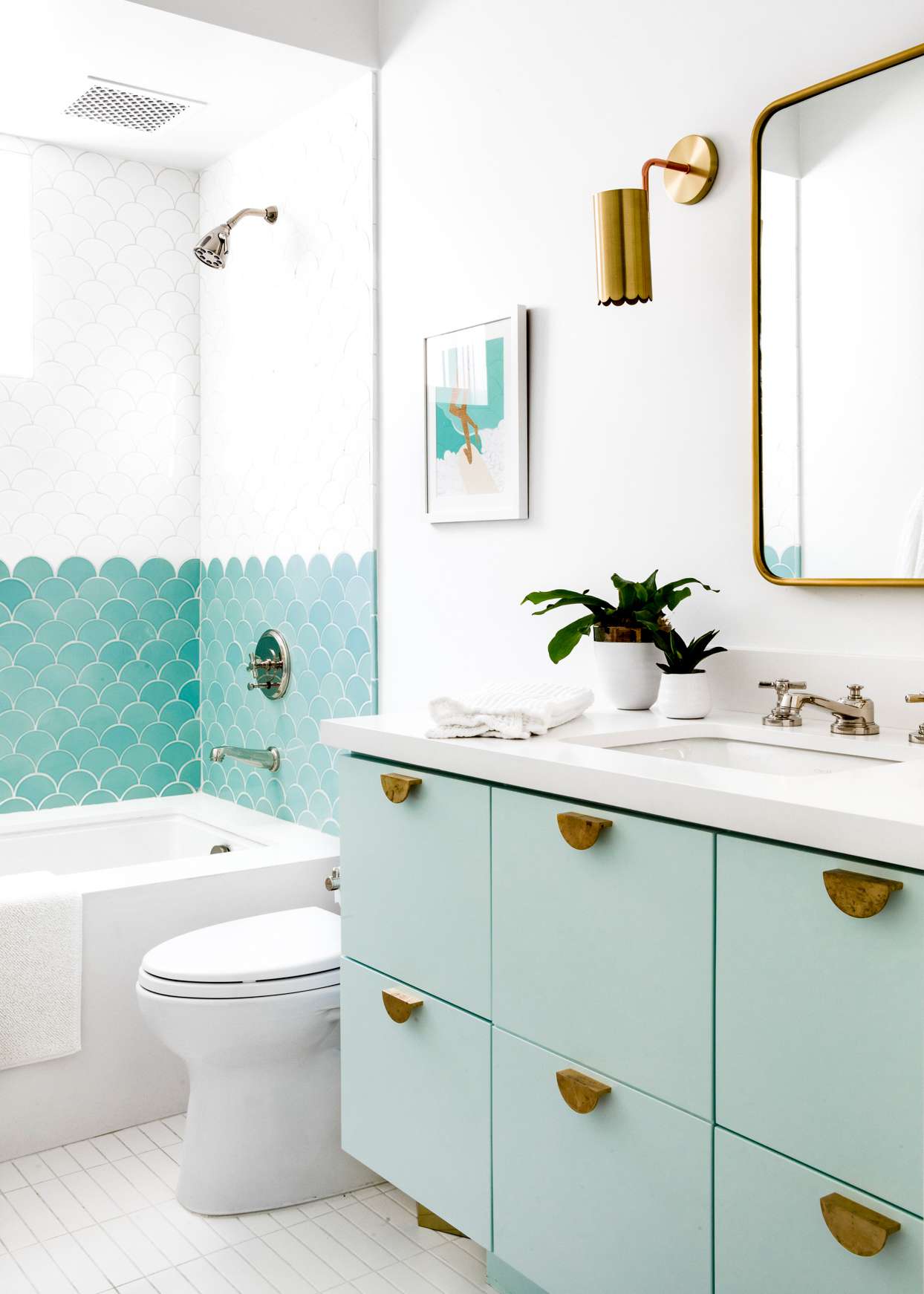 seafoam green bathroom cabinets and shower tile