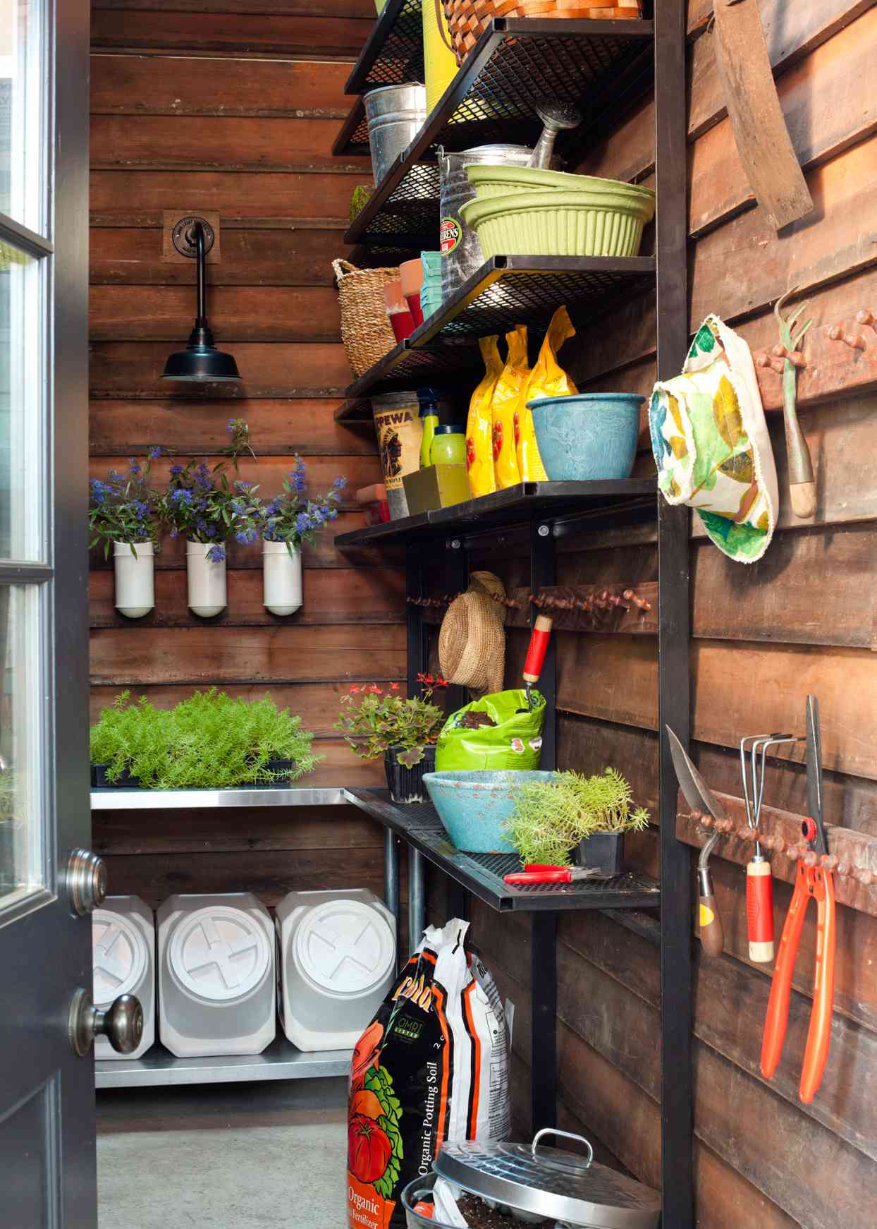 shed with slim metal counter and shelves with tools and pots