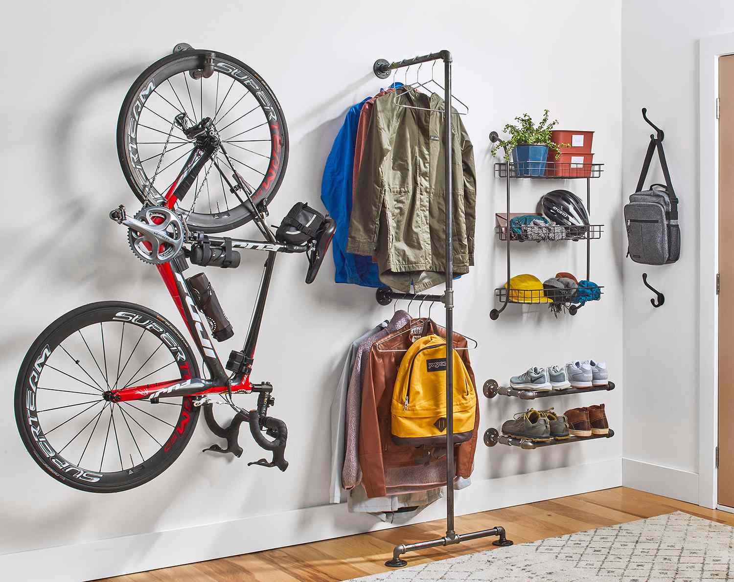 wall storage hooks bike rods hanging clothes shoes bags