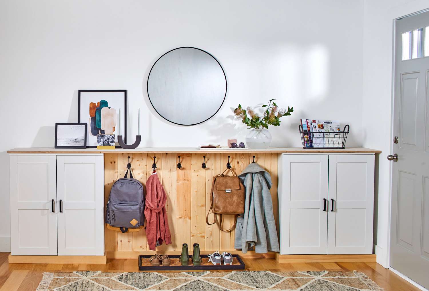 wooden cabinet and hook storage insert entryway