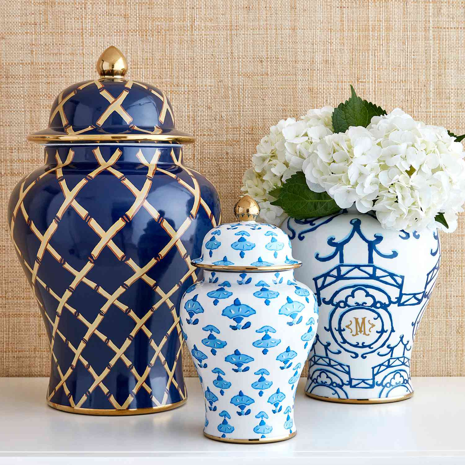 Dana Gibson x Mark & Graham ginger jars with bold blue and bamboo patterns