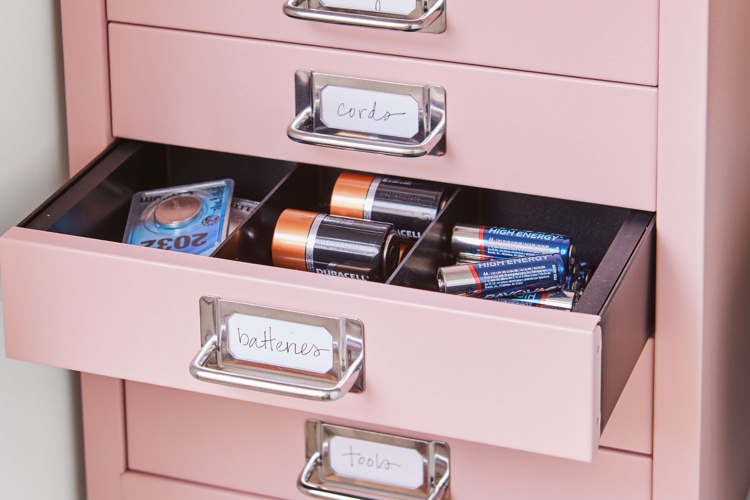 batteries stories in pink file cabinet