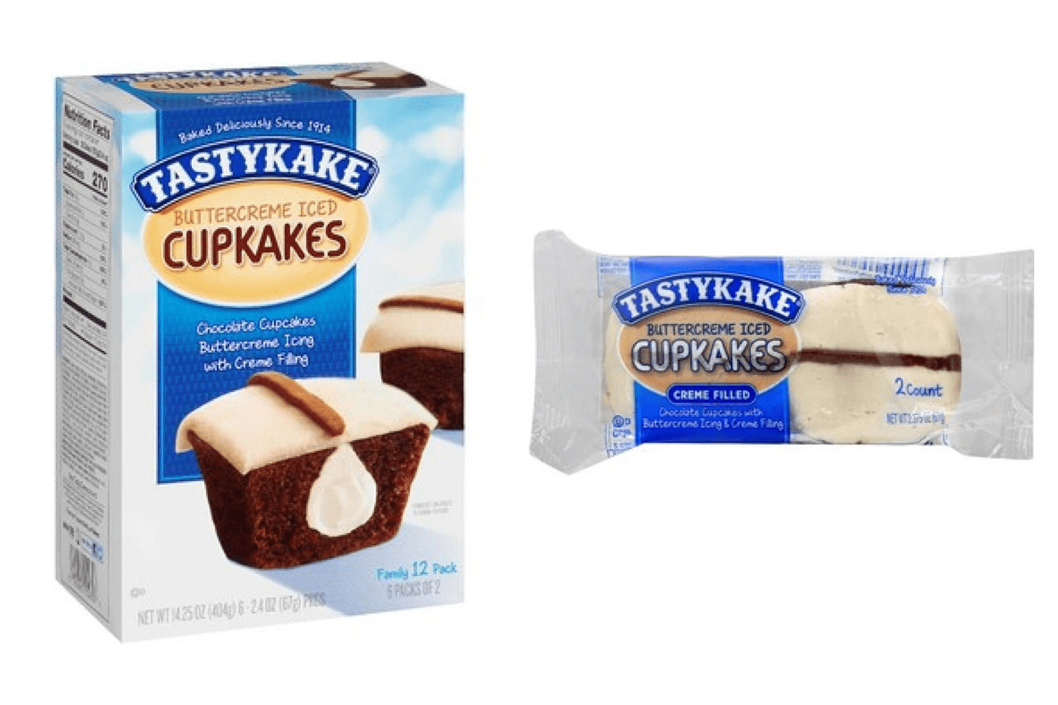 A box of Tastykake cupcakes and a plastic bag of cupcakes side by side on a white background