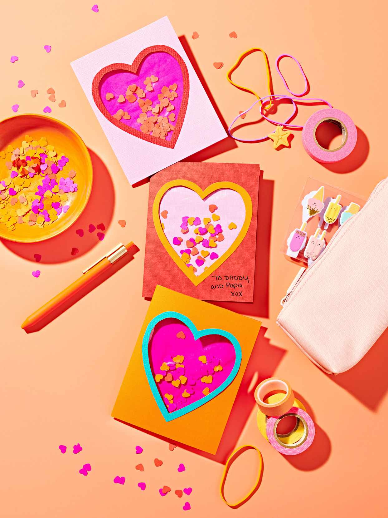 orange and pink confetti love cards