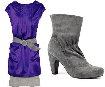 Purple tunic/gray skirt and Gray Boot