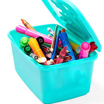 crayons and markers in diaper wipe container