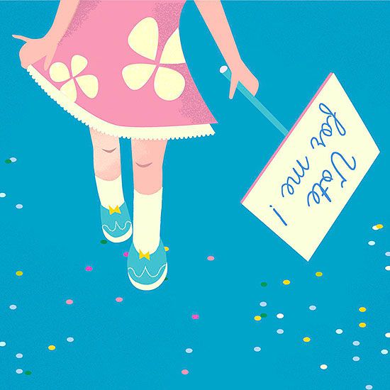 illustration of girl's legs and "Vote for me!" sign