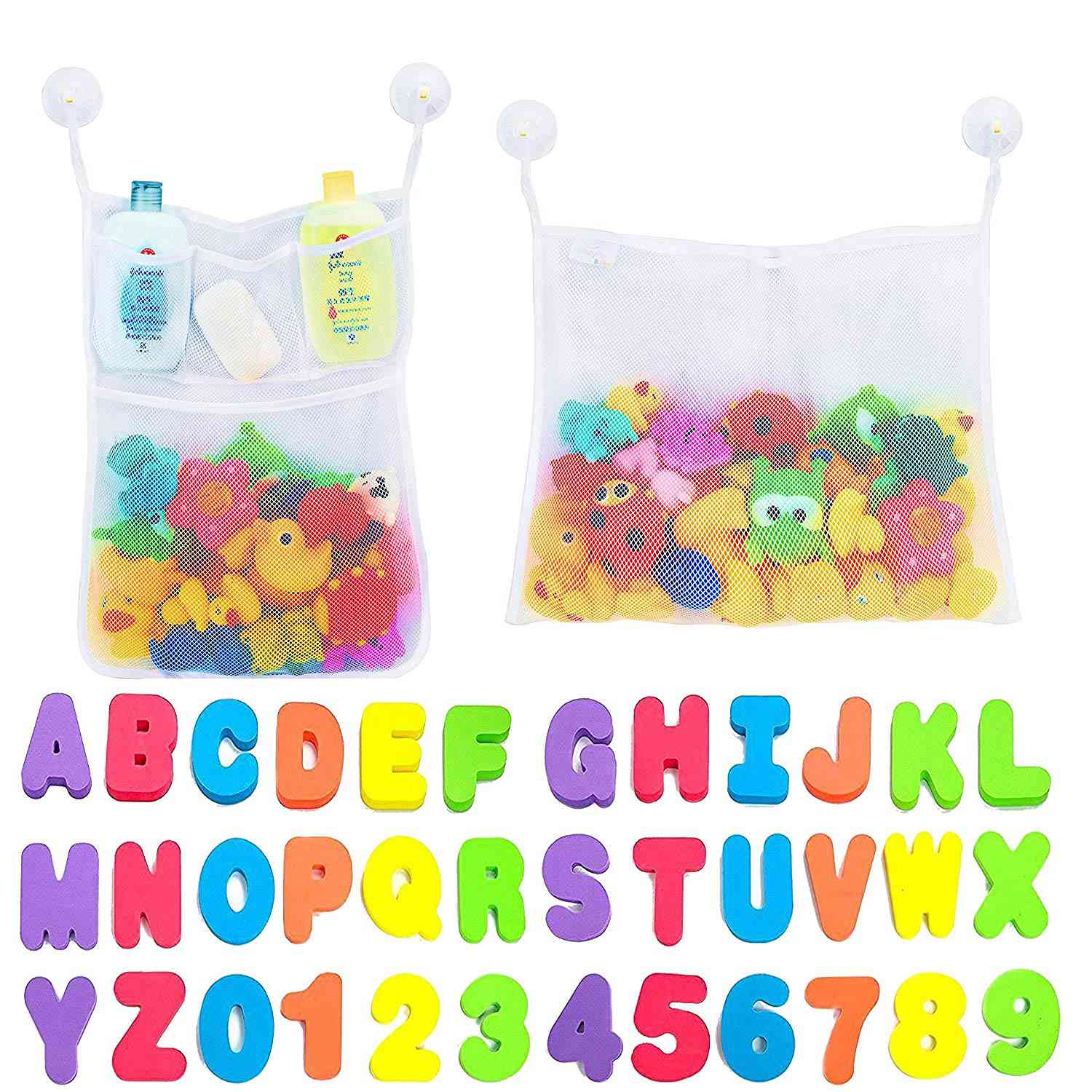 Comfylife Mesh Bath Toy Organizer, Ultra Strong Hooks, and 36 Bath Letters & Numbers
