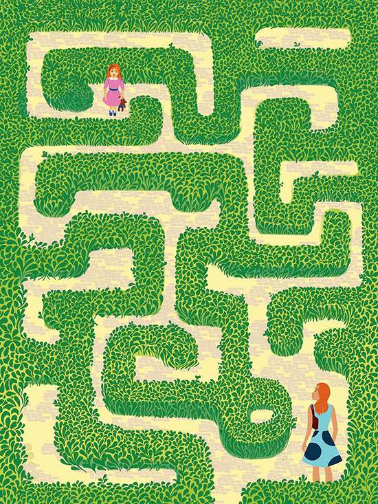 Women and child in maze