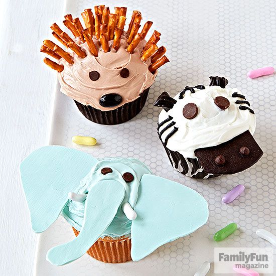 Hedgehog, zebra, and elephant cupcakes