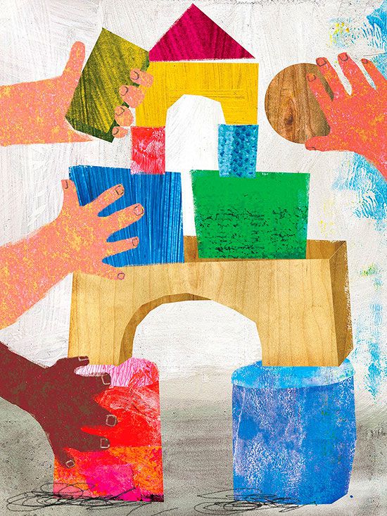 Illo of building blocks with three hands building
