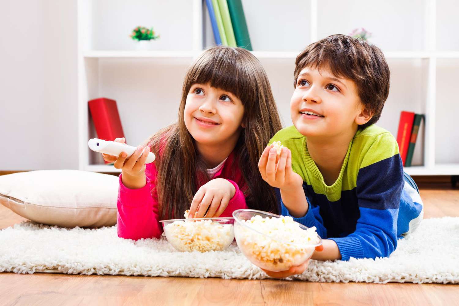 Movies For Siblings Two Kids Watching TV With Popcorn