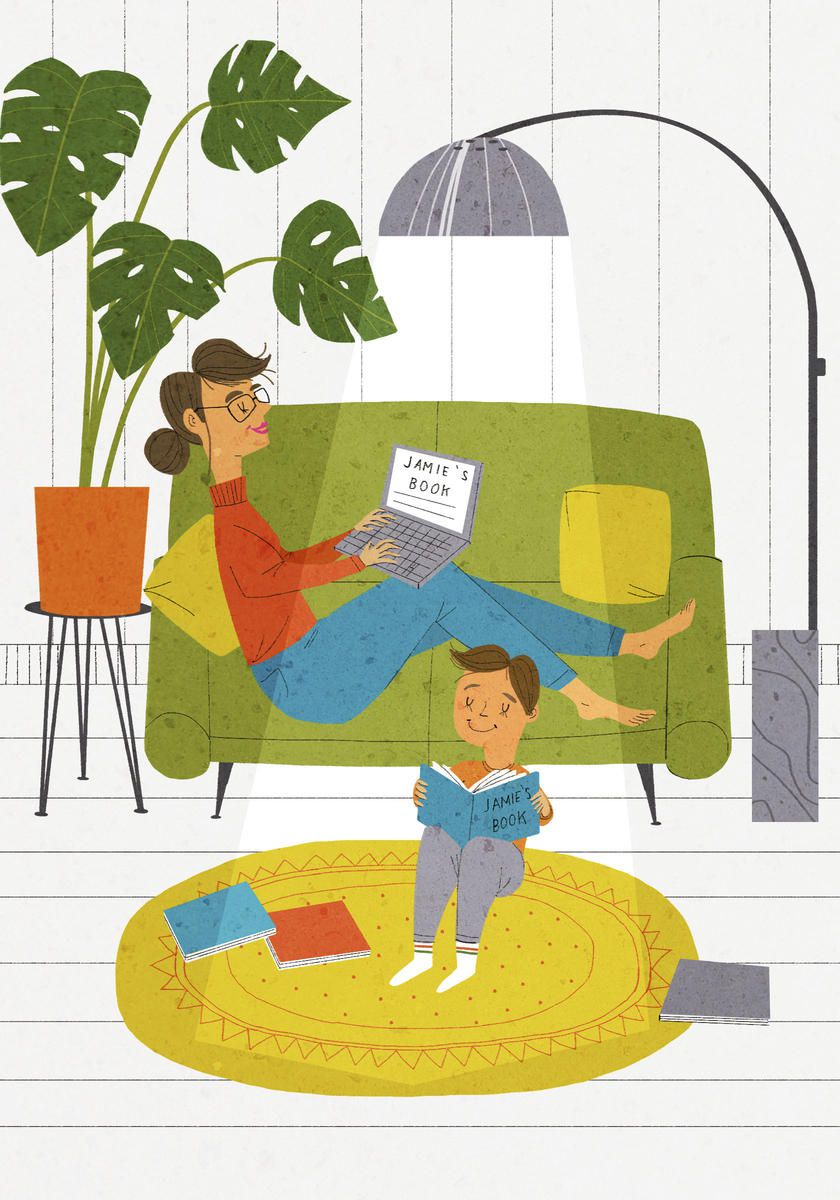 Cartoon of Mom and Son Reading