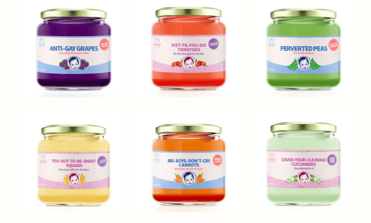 Fake line of baby food urges parents to stop feeding gender stereotypes to their kids.