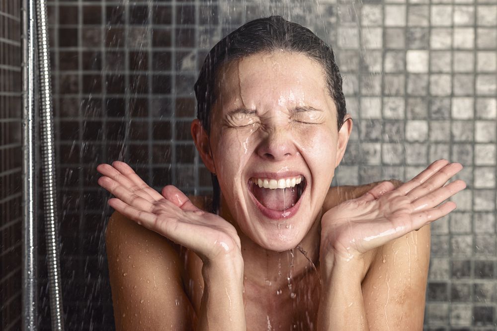 10 Phases Taking Shower Woman Grinning Hands Up