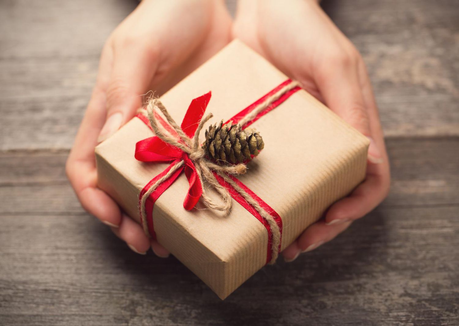 Woman's hands holding a Christmas gift